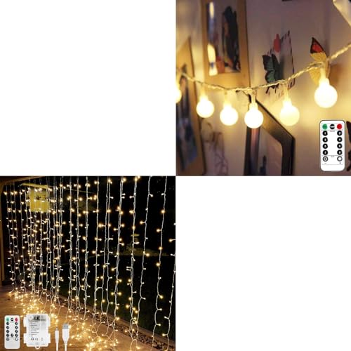 Battery or USB powered curtain lights with 25 ft globe fairy string lights, creating a warm and enchanting atmosphere.