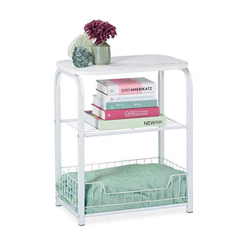 Relaxdays - Marble Optic Side Table With Storage Shelf, White Iron, 62 x 50 x 30 cm