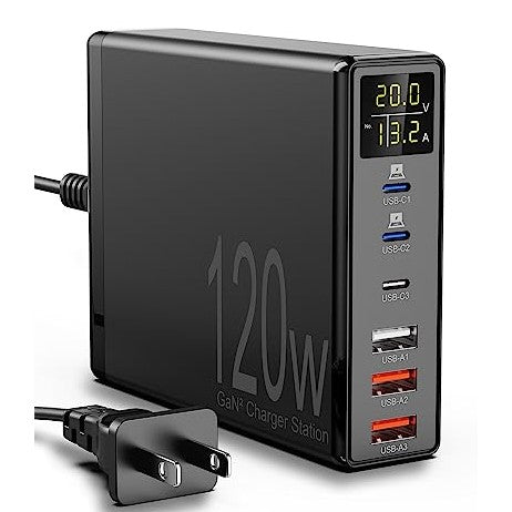 Cargador USB C Binamao de 120 W con 6 puertos, diseñado para cargar múltiples dispositivos simultáneamente, incluye una pantalla LCD para mostrar información de carga, ideal para MacBook e iPad.