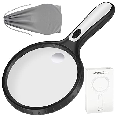 Caffney magnifying glass featuring 5X and 15X magnification with built-in LED lights, designed for seniors to assist with reading, jewelry inspection, and exploring, accompanied by a storage bag.