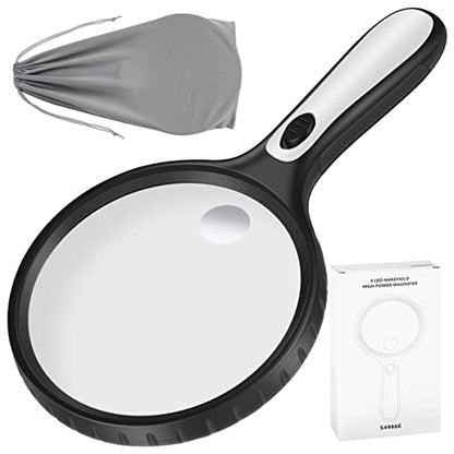 Caffney magnifying glass featuring 5X and 15X magnification with built-in LED lights, designed for seniors to assist with reading, jewelry inspection, and exploring, accompanied by a storage bag.