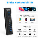 Rshttech - 10-Port USB 3.0 Hub, 10Gbps Transfer, Aluminium, 12V/3A Adapter