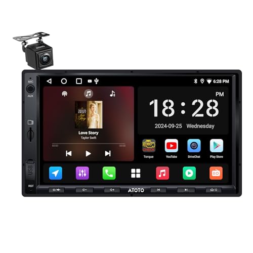 7-inch Android double DIN car stereo featuring a backup camera, wireless CarPlay and Android Auto capabilities, Wi-Fi and Bluetooth tethering, built-in DSP for enhanced audio quality, 2GB RAM and 32GB storage, Phonelink functionality, FM/AM radio support, and TF card compatibility. Model A5LG2A7T-S01.
