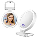 Lighted vanity mirror with 3 color settings and 10X/1X magnification for perfect makeup.