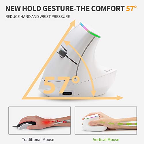 DeLUX - Wireless Ergonomic Vertical Mouse, Rechargeable, 4000 DPI, RGB Light
