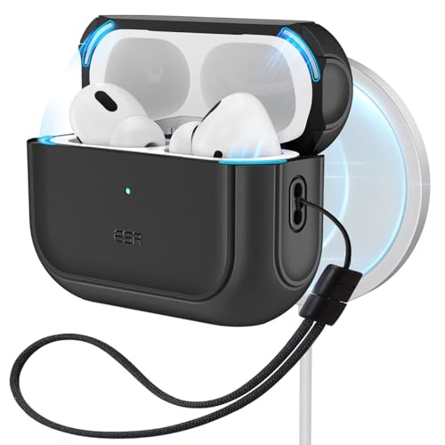 Black ESR case for AirPods Pro 2nd Generation featuring HaloLock technology, designed for compatibility with both 2nd and 1st generation AirPods Pro, offering full drop protection and a lanyard attachment, suitable for MagSafe charging.