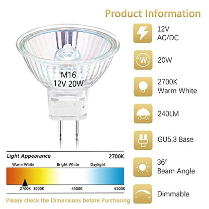 Figame - MR16 Halogen Light Bulbs, 20W 12V, Warm White 2700K, Dimmable, Pack of 6