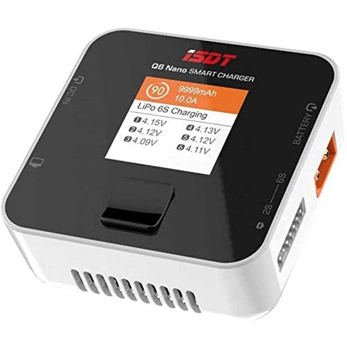 A compact and efficient ISDT Q6 Nano Smart Charger designed for charging 1 to 6 cell lithium batteries with a maximum output of 200 watts and an 8 amp charge rate.