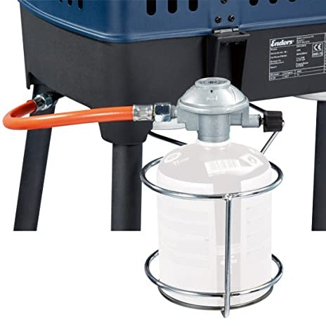Orange portable gas grill with variable and mobile use, designed for outdoor applications, featuring a bracket, hose, and pressure regulator. Includes an enamelled cast iron grate system that allows for various barbecue options with interchangeable inserts.
