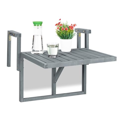 Folding balcony table designed to hang on terrace ledge with dimensions 60x45 cm and adjustable height made of grey wood and 90% steel