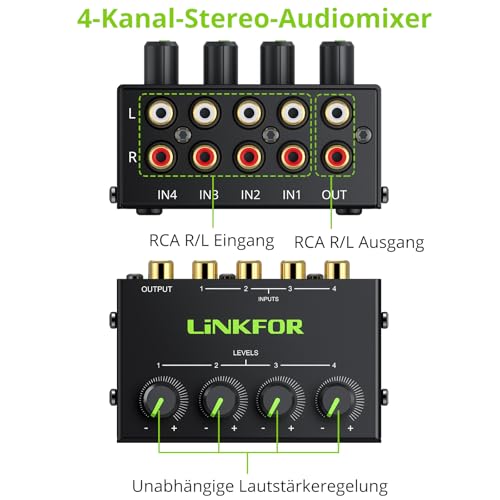 LiNKFOR - 4 Channel Stereo Audio Mixer with Separate Volume Controls