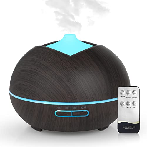 Bigqin 500ml Essential Oil Aroma Diffuser with Timer and Remote Control - Dark Wood Grain, Home Use, 500ml Capacity, Mini Size, Colorful LED Lights