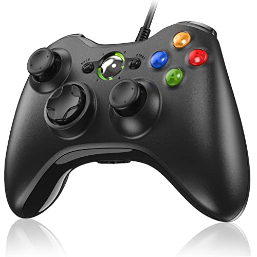 Wired Diswoe controller designed for Xbox 360 and PC compatible with Xbox 360 Slim and Windows operating systems including Win7, Win8, Win10, and XP featuring a USB cable connection and joystick gamepad design.