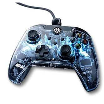 Transparent BoostBoxx LUX Gaming Controller with RGB LEDs, featuring a classic Xbox layout, two joysticks, A/B/X/Y buttons, D-pad, shoulder buttons, and integrated 3.5 mm jack for headset connection.