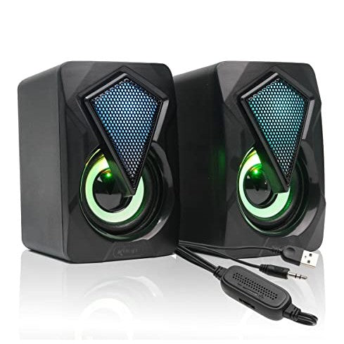 A sleek and modern sound box designed for gamers, featuring 6 watts RMS output, real auto speaker functionality, and vibrant RGB LED lighting. It is compatible with PCs, notebooks, Macs, and TVs.
