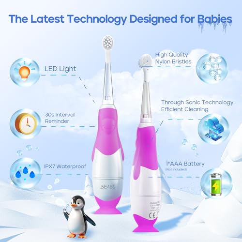 SEAGO - Electric Baby Toothbrush With Timer & Suction Base, 4 Replacement Heads