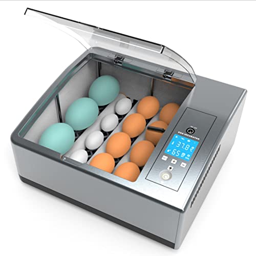 A modern egg incubator with an LCD display screen designed for hatching various poultry including chicks, quail, geese, pigeons, and ducks. The incubator features automatic egg rotation, adjustable egg spacing, and multiple temperature regulation modes.