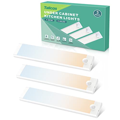 Three-piece LED cabinet light set featuring a motion sensor, available in 3000 K and 6000 K color temperatures. The dimmable undermount lights are designed for kitchen use and include 44 LEDs per strip. Each light operates on a rechargeable 2000 mAh battery with a magnetic attachment and USB-C charging capability, suitable for use as a night light in wardrobes.