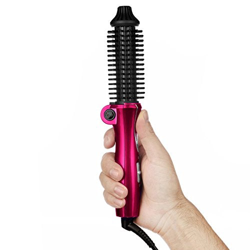 A rose red heated styling brush with a 26mm ceramic barrel designed for curling and straightening hair, featuring ionic technology and a foldable design.