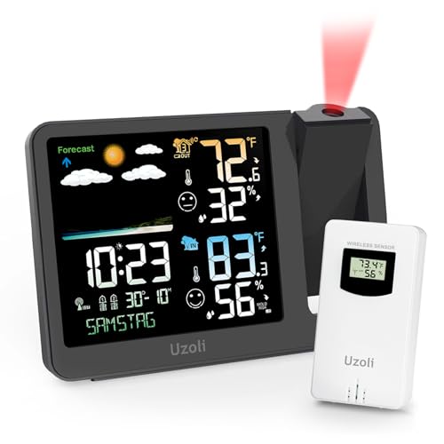 Uzoli - Atomic Projection Alarm Clock with Weather Station, Indoor/Outdoor Temperature, Adjustable Backlight