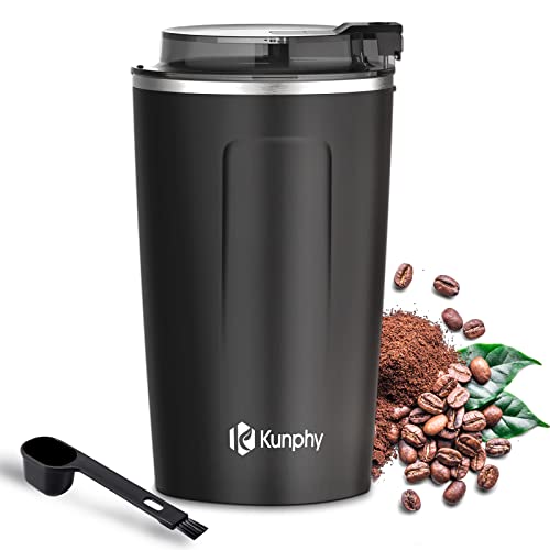 Electric coffee grinder with one-touch operation designed for grinding coffee beans herbs and spices features a cleaner brush and durable 304 stainless steel blade