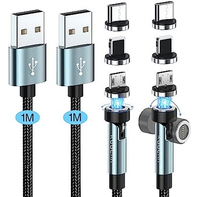 Kuulaa - 2-Pack 3FT 540° Rotating Magnetic Charging Cables, 3A Fast Charge & Data Transfer, Nylon-Braided