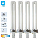 KOR - Pack of 4, 13W GX23 CFL Light Bulbs, 3500K Neutral White, Energy Efficient