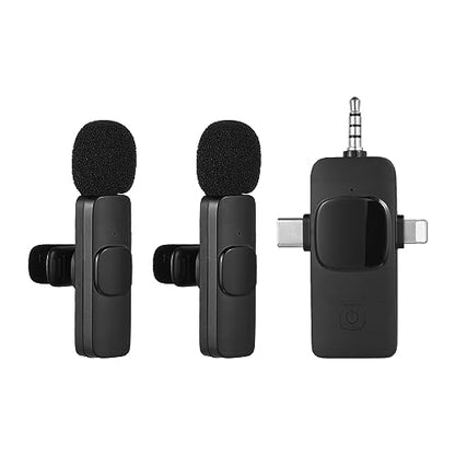 Wireless lavalier microphone system featuring a 3-in-1 design with two transmitters and one receiver, ideal for clip-on use and capturing high-quality audio.