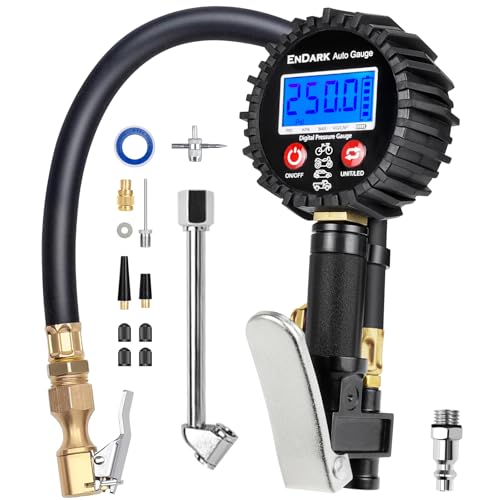Digital tire pressure gauge and inflator featuring ENDARK 250 PSI air compressor attachment with heavy duty 360-degree air chuck extended hose and quick connect coupler