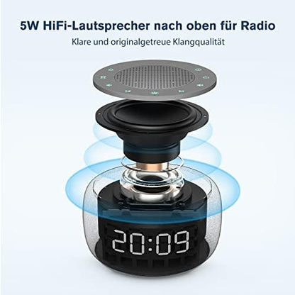 Bafbi - Radio Alarm Clock for Bedroom - Speaker, 4 Alarm Tones, 7 Night Light Colors, Full Range Display, Dimmer Key