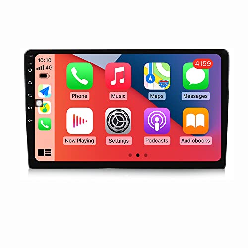 10 inch Android 11 car stereo head unit featuring compatibility with Carplay and Android Auto, equipped with a 4G SIM card slot, WiFi, GPS, Bluetooth, double din design, full AV output, powered by an 8 core processor with 2GB RAM and 32GB storage
