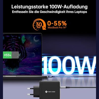 NOVOO - 120W USB-C GaN III 3-Port Quick Charger with PD 100W Cables