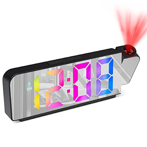 Cuteefun projection alarm clock featuring a mirror design and LED screen, designed for bedside use. It includes a temperature display, snooze function, night mode, adjustable brightness settings, and supports both 12 and 24-hour formats, making it an ideal digital clock for bedrooms.