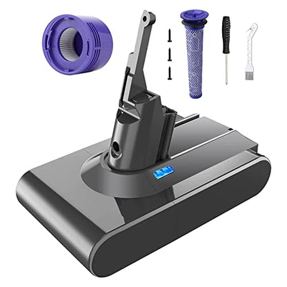 Replacement battery for Dyson V8 cordless vacuum cleaner with 21.6V 6000mAh capacity includes two filters, one screwdriver, three screws, and one brush
