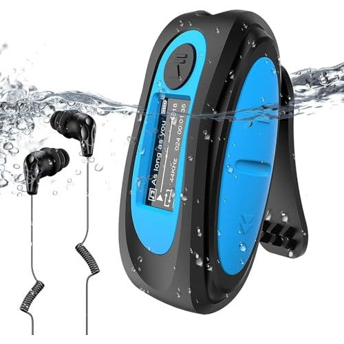 Waterproof MP3 player with screen designed for water sports featuring a multi-functional clip and includes waterproof headphones suitable for surfing and swimming.