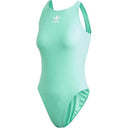 Women's adidas one-piece swimsuit with a large Trefoil logo and solid color design