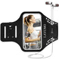Running armband designed for iPhone SE and models 6 through 8, featuring a phone holder suitable for both men and women, equipped with a key pocket and reflective strip, ideal for workouts, exercise, gym activities, walking, and jogging.