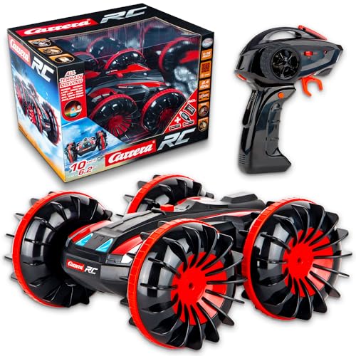 Multicoloured all-terrain stunt car designed for driving on water, snow, and land, featuring extra-large paddle wheel-style tyres and capable of performing 360° flip stunts.