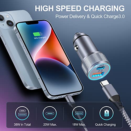 LUOSIKE - 38W 2-Port USB C Car Charger Adapter for iPhone with 1m Braided Cable