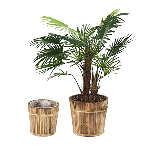Relaxdays - Set of 2 Round Wooden Planters in Natural Finish