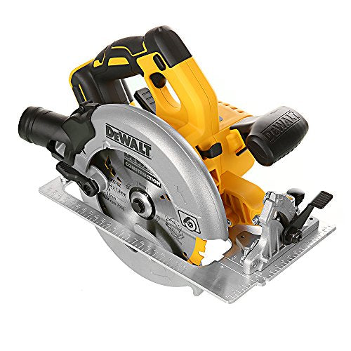 Cordless XR Brushless Circular Saw by DEWALT in yellow, black, and grey colors with an 18 V battery and a 184 mm blade size