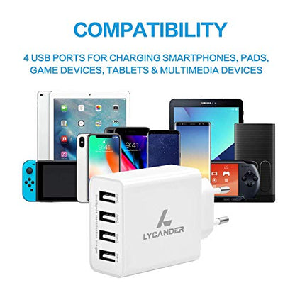 AMZ - USB Wall Charger EU Plug 4 Ports 5A Adaptive Charging