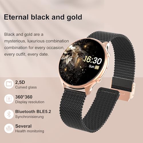 Elfofle - Smart Watch for Women, 1.39" Fitness Tracker, IP67 Waterproof, Black Gold