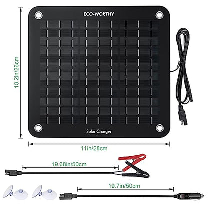 ECO-WORTHY - 12V 10W Solar Car Battery Charger with Alligator Clips