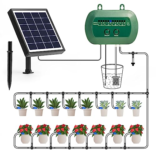 Automatic plant waterer designed for indoor use with an anti-siphon feature, featuring a solar-powered irrigation system with 12 timing modes. This DIY vacation plant watering system supports the watering of up to 15 potted plants on balconies and in gardens.