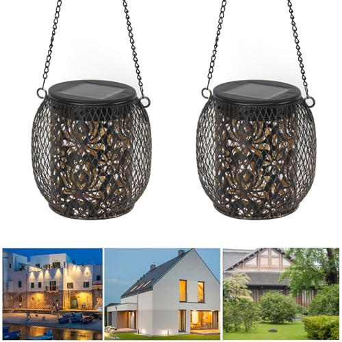 AMZ - Outdoor Hanging Solar Lanterns IP65 Wrought Iron Garden Lights (2pcs)