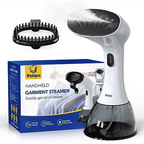 A powerful 1350W clothes steamer designed for home, office, and travel use, featuring an upgraded 400ML large capacity water tank for effective wrinkle removal.