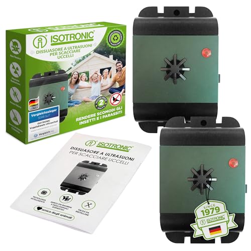 Isotronic - Ultrasonic Bird Repellent | Battery-Powered Deterrent for Balconies, Windows, and Trees | Pack of 2