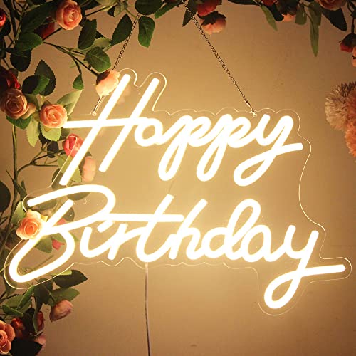 LED neon sign that reads Happy Birthday in warm white light, designed for birthday party decorations, USB operated for easy use, perfect for backdrop or bedroom wall décor.