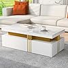 BTM Modern Rectangular Coffee Table with Two Wooden Drawers, Glossy Imitation Marble Tabletop, White